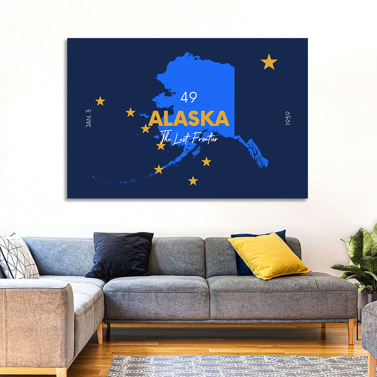 Alaska Map with Gold Stars Wall Art in a room, landscape