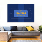 Kansas Typographic Map, Blue and Gold Wall Art