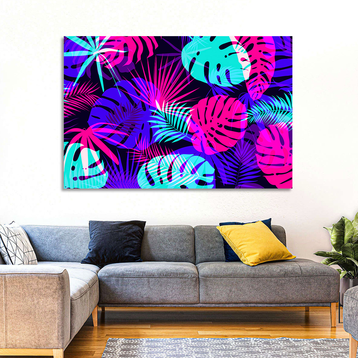 Neon Tropical Leaves Wall Art in a room, landscape