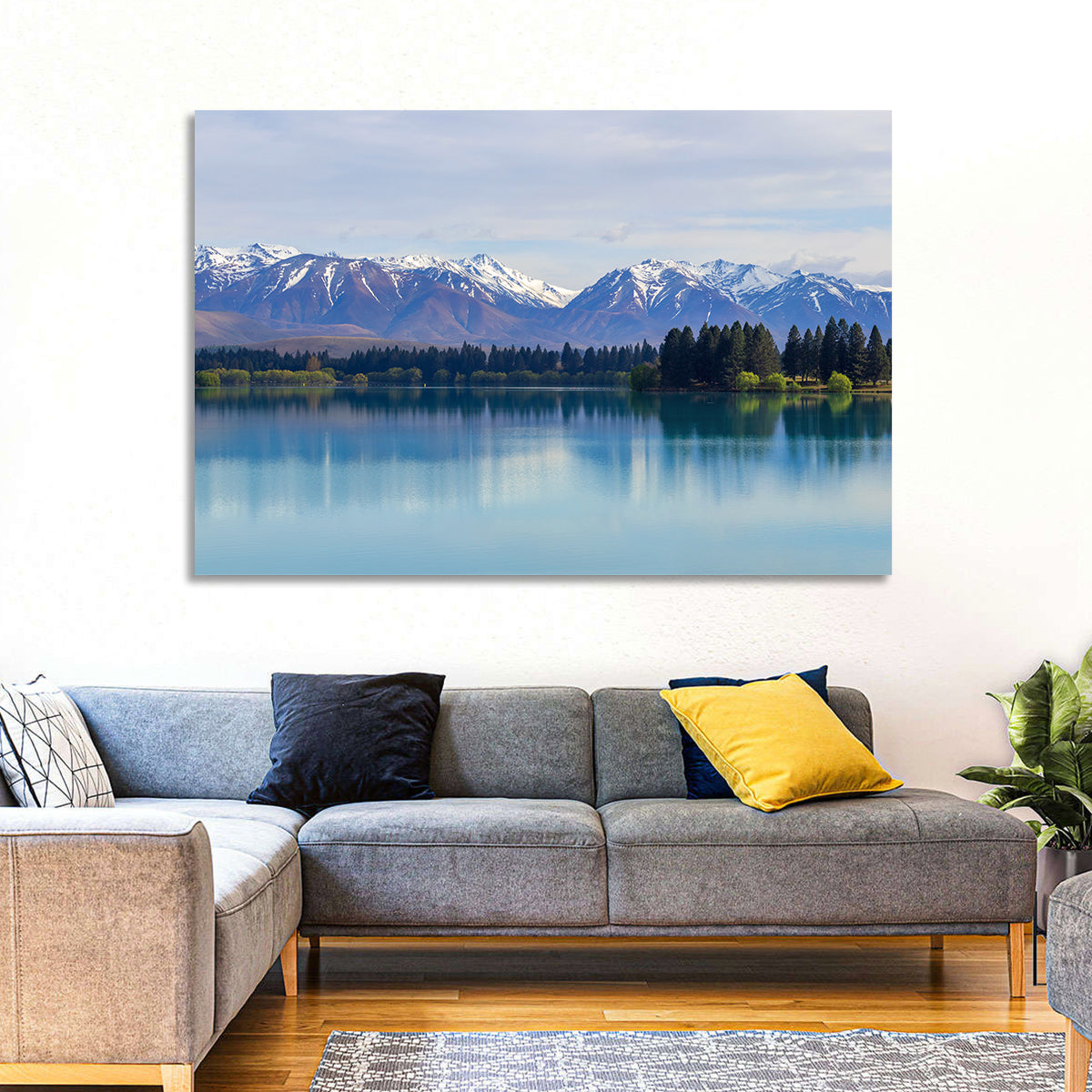 Lake Ruataniwha Reflection Wall Art in a room, landscape