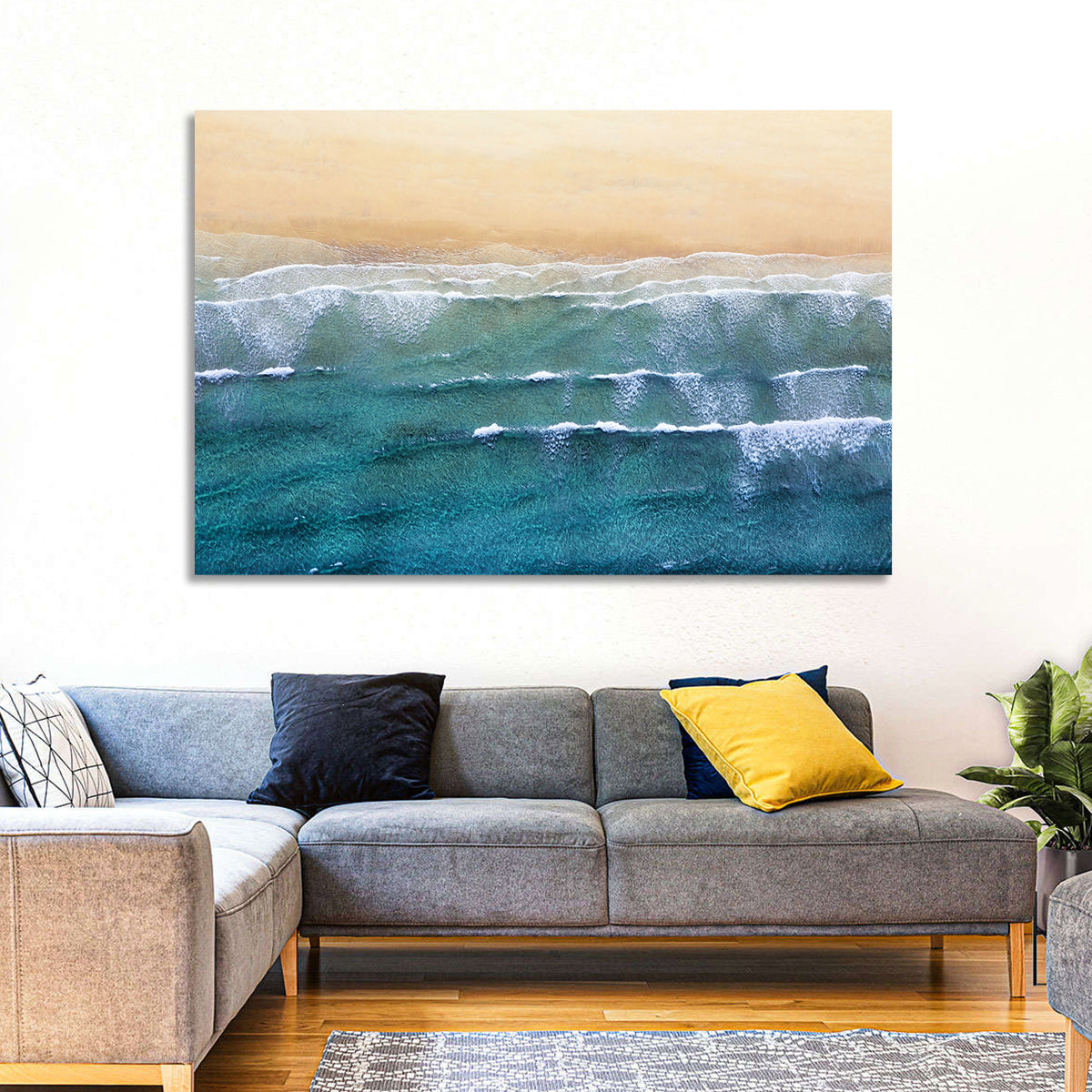 Calm Turquoise Beachscape Wall Art in a room, landscape