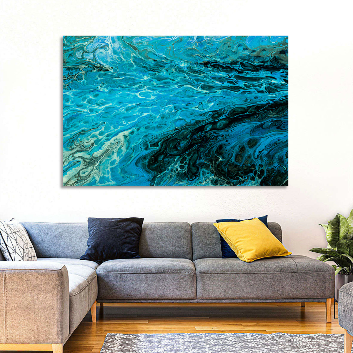 Liquid Marble Blue Abstract Wall Art in a room, landscape