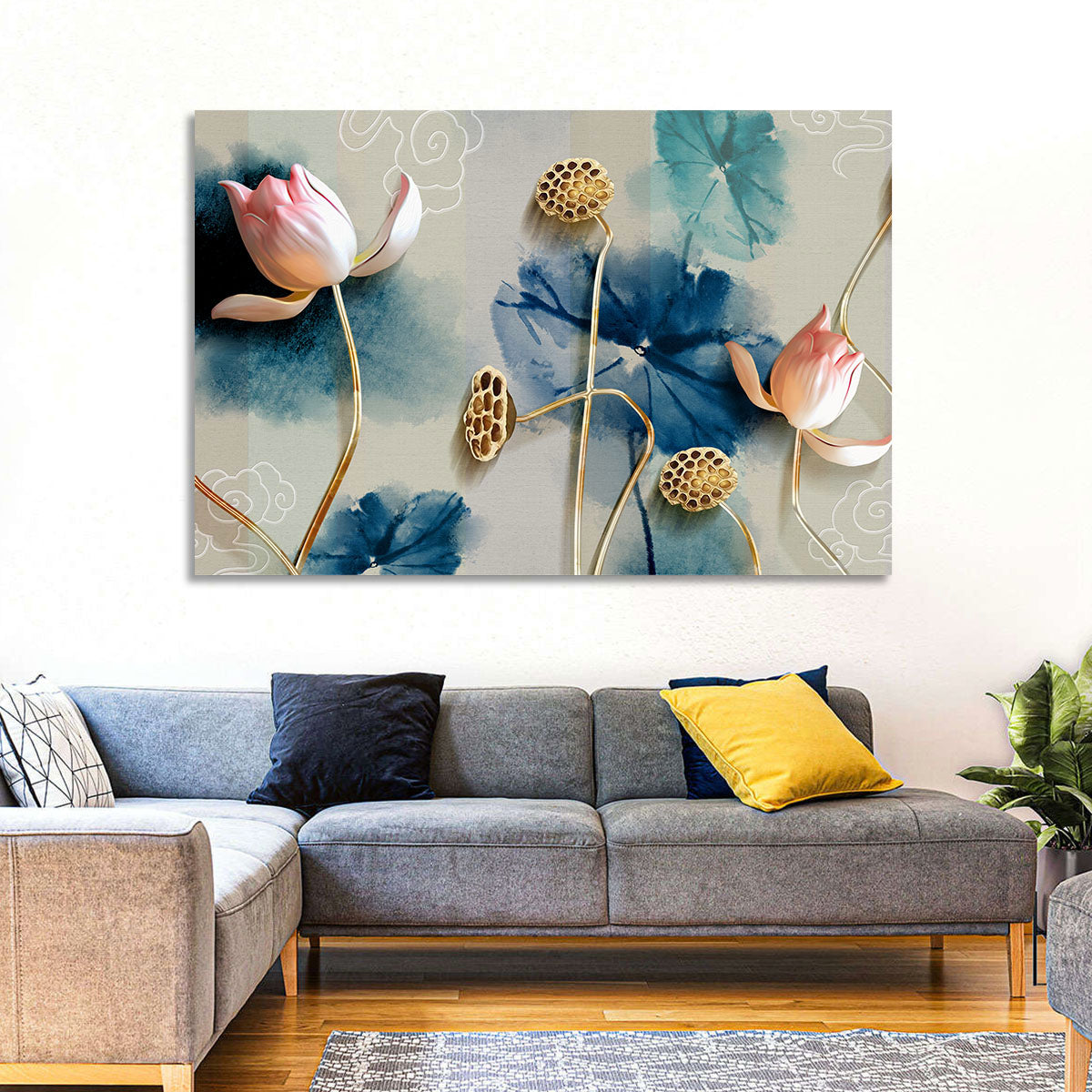 Blue Lotus Botanical Backdrop Wall Art in a room, landscape