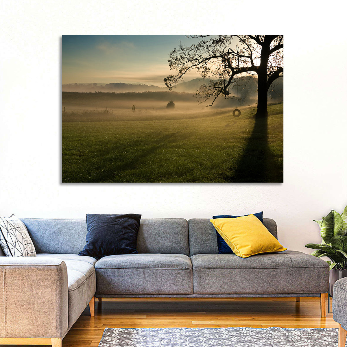 Tire Swing in Morning Mist Wall Art in a room, landscape