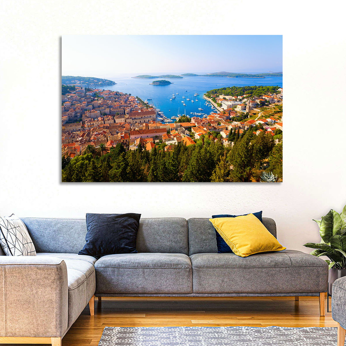 Hvar Harbor Aerial View Wall Art in a room, landscape
