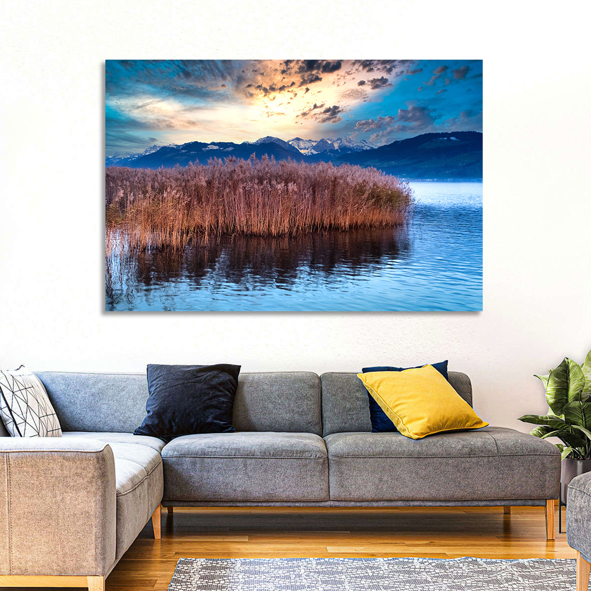 Lake Obersee Reeds at Dusk Wall Art in a room, landscape