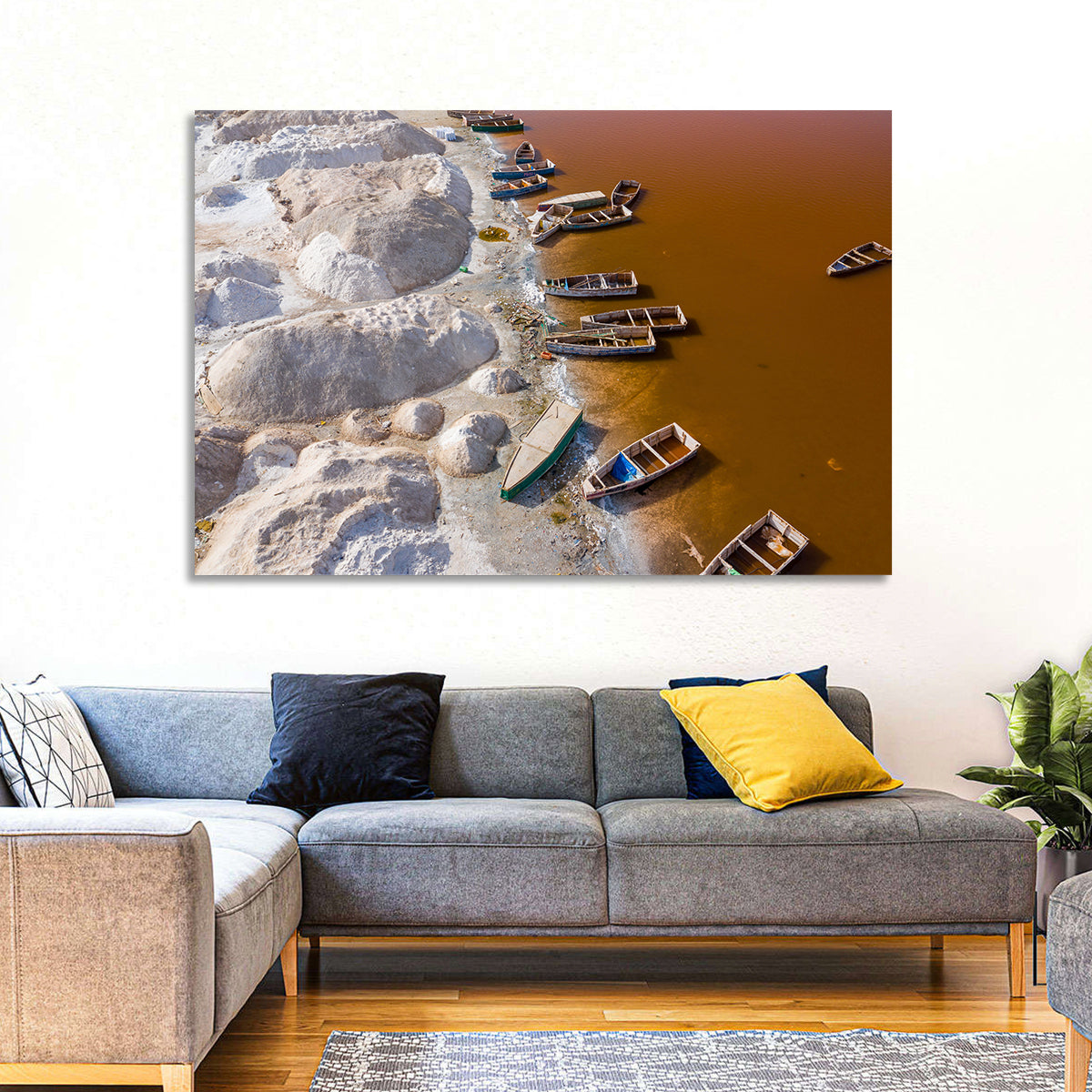 Lac Rose Boats and Salt Mounds Wall Art in a room, landscape
