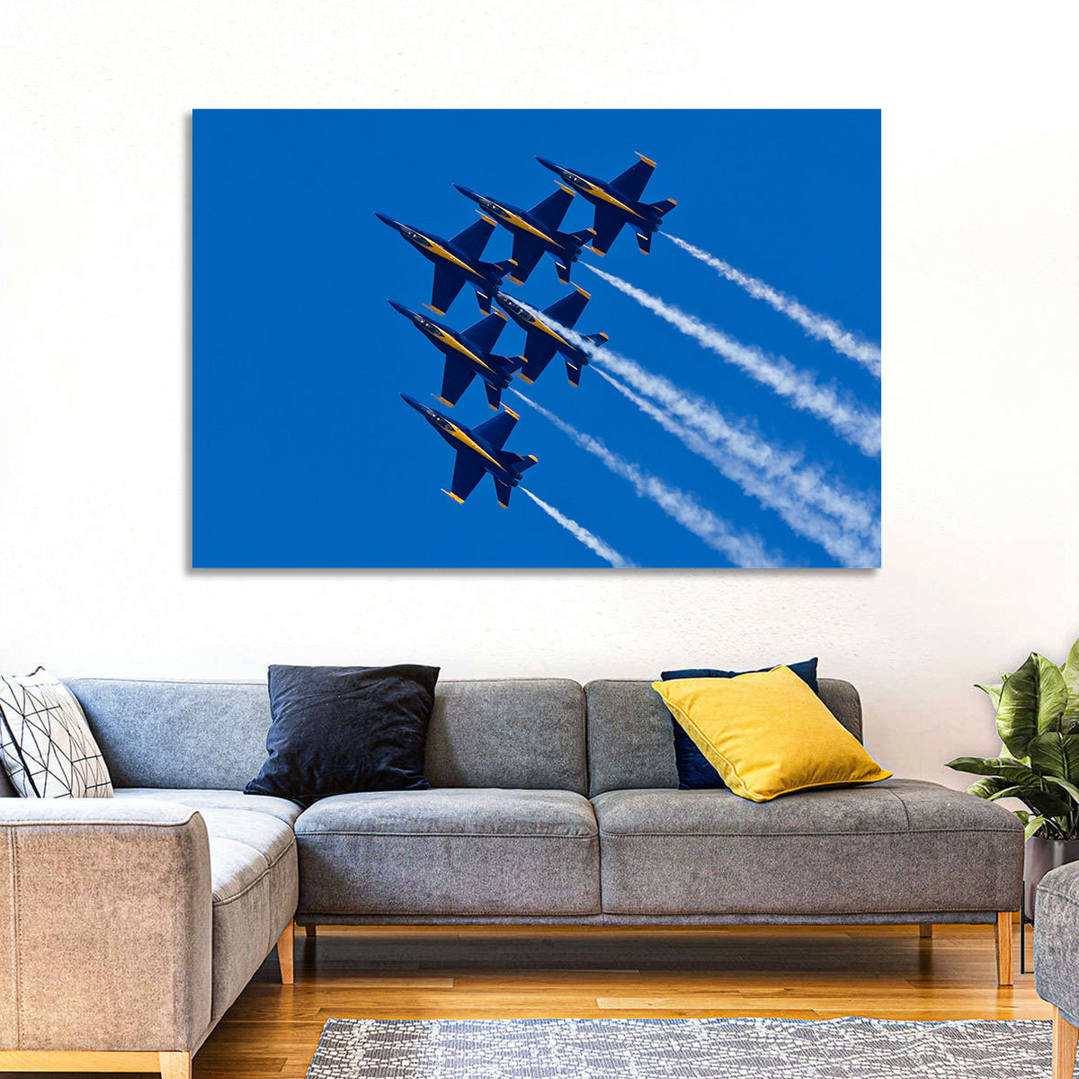 Blue Angels Delta Formation Flyover Wall Art in a room, landscape