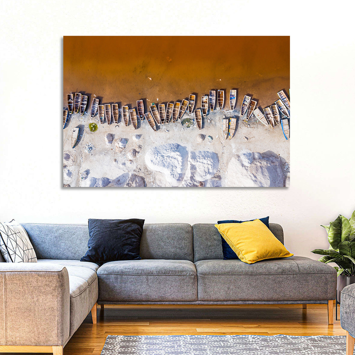 Lac Rose Boats Aerial View Wall Art in a room, landscape
