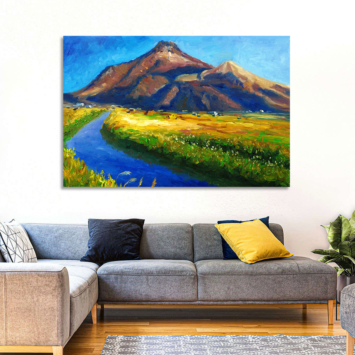 Mountain Village Stream at Golden Hour Wall Art in a room, landscape