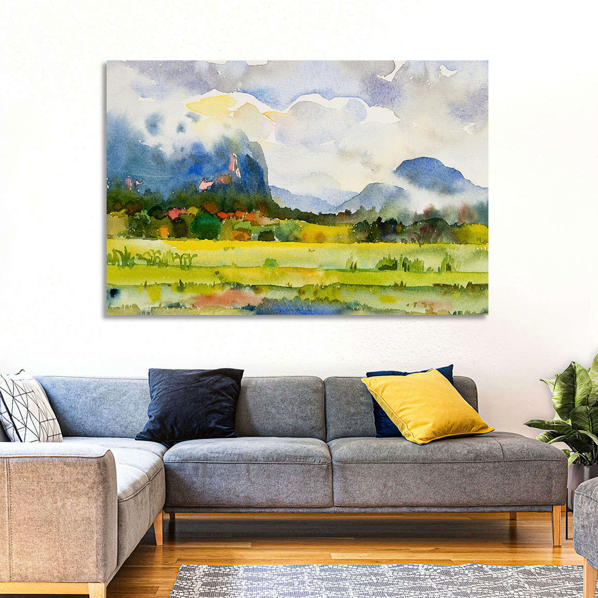 Summer Meadow Watercolor Landscape Wall Art in a room, landscape