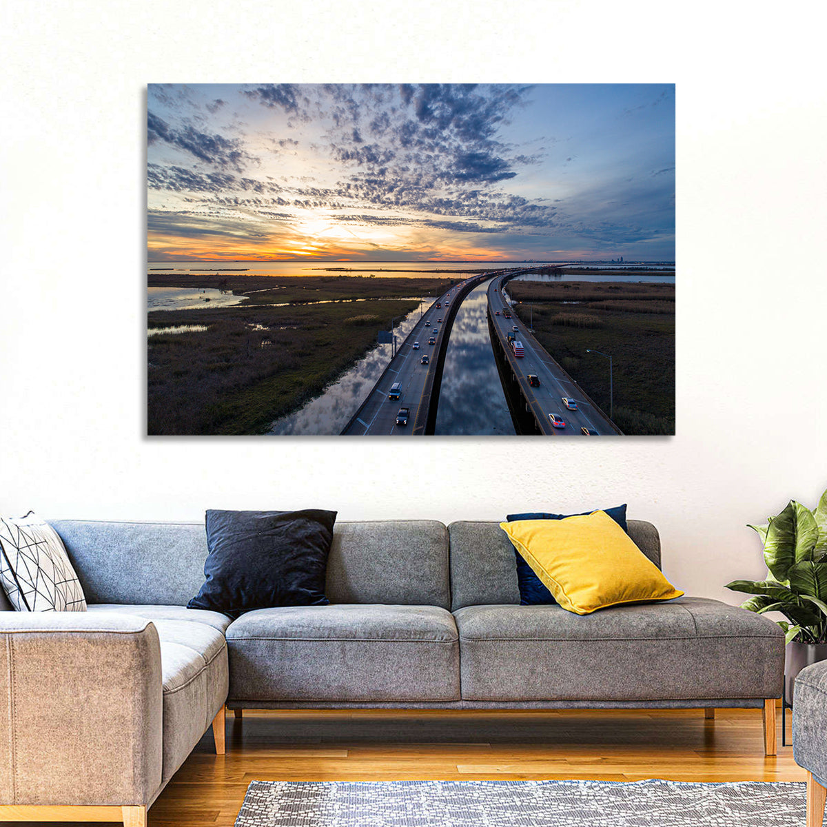 Mobile Bay Bridge at Sunset Wall Art in a room, landscape