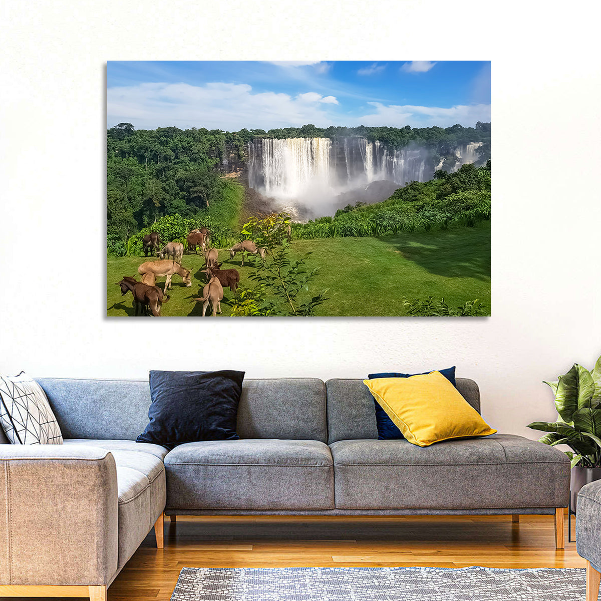 Kalandula Falls and Grazing Donkeys Wall Art in a room, landscape