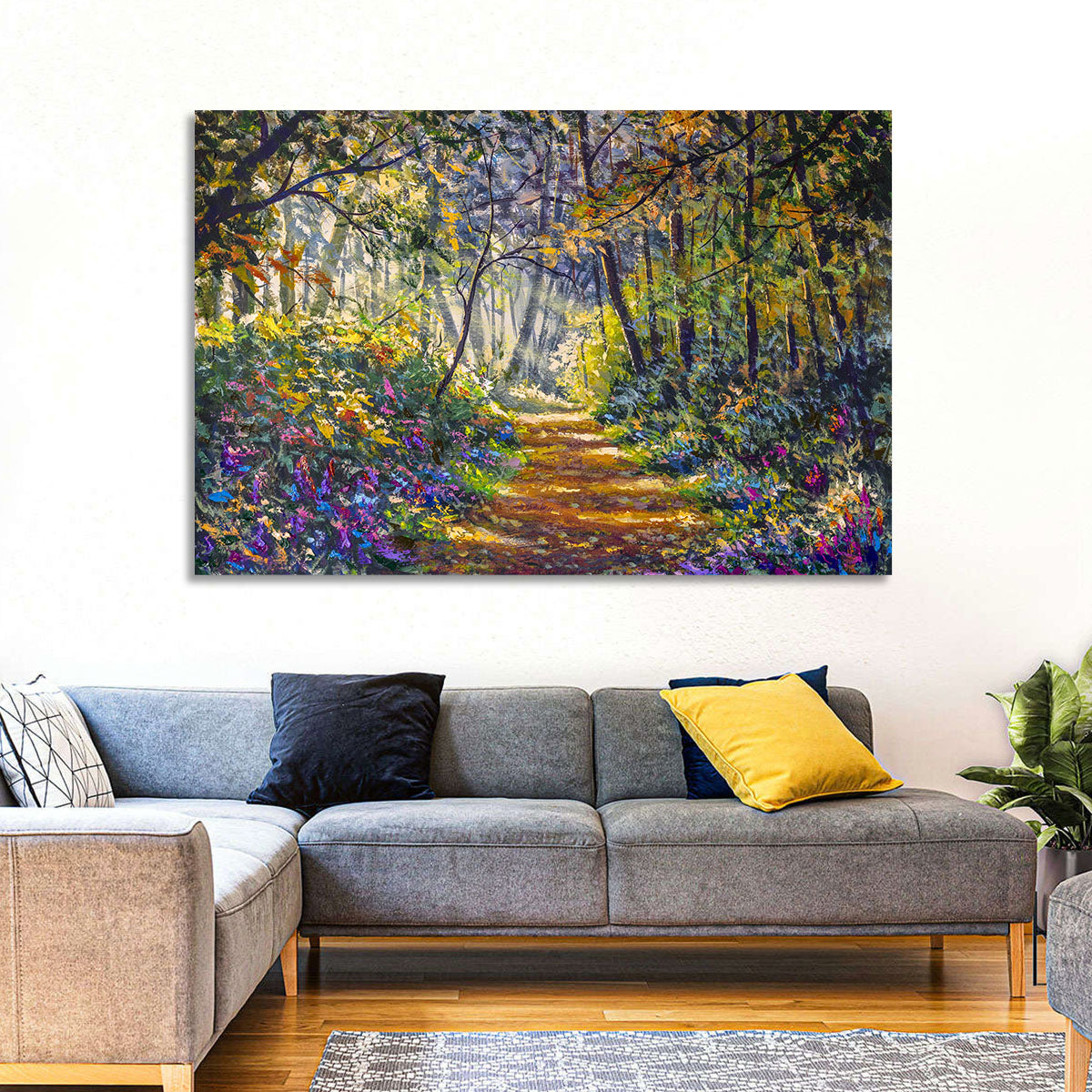 Sunlit Forest Path with Wildflowers Wall Art in a room, landscape