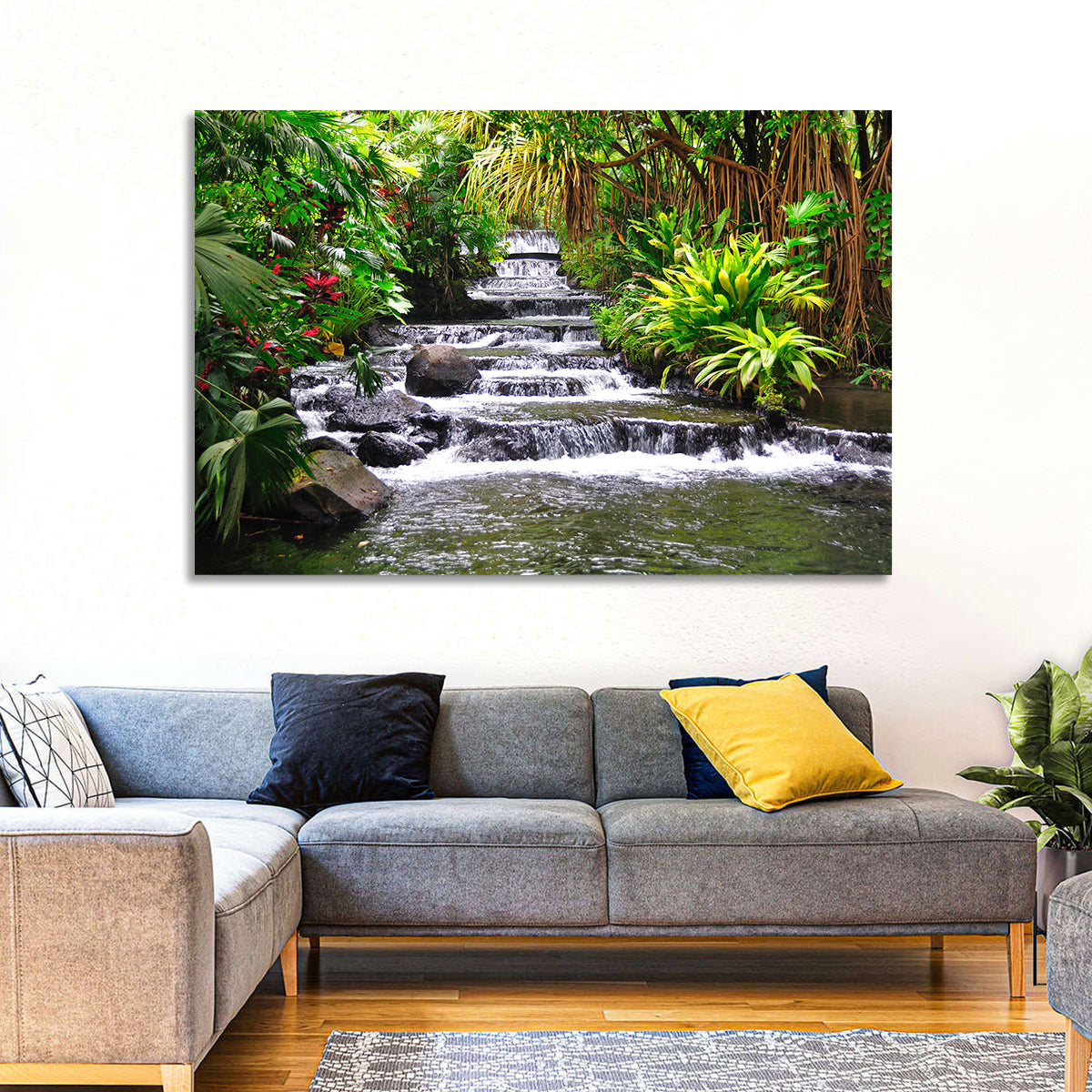 Tabacon Tiered Hot Springs Waterfall Wall Art in a room, landscape