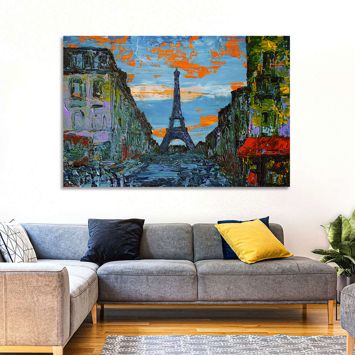 Paris Dusk Street, Eiffel Tower Wall Art in a room, landscape
