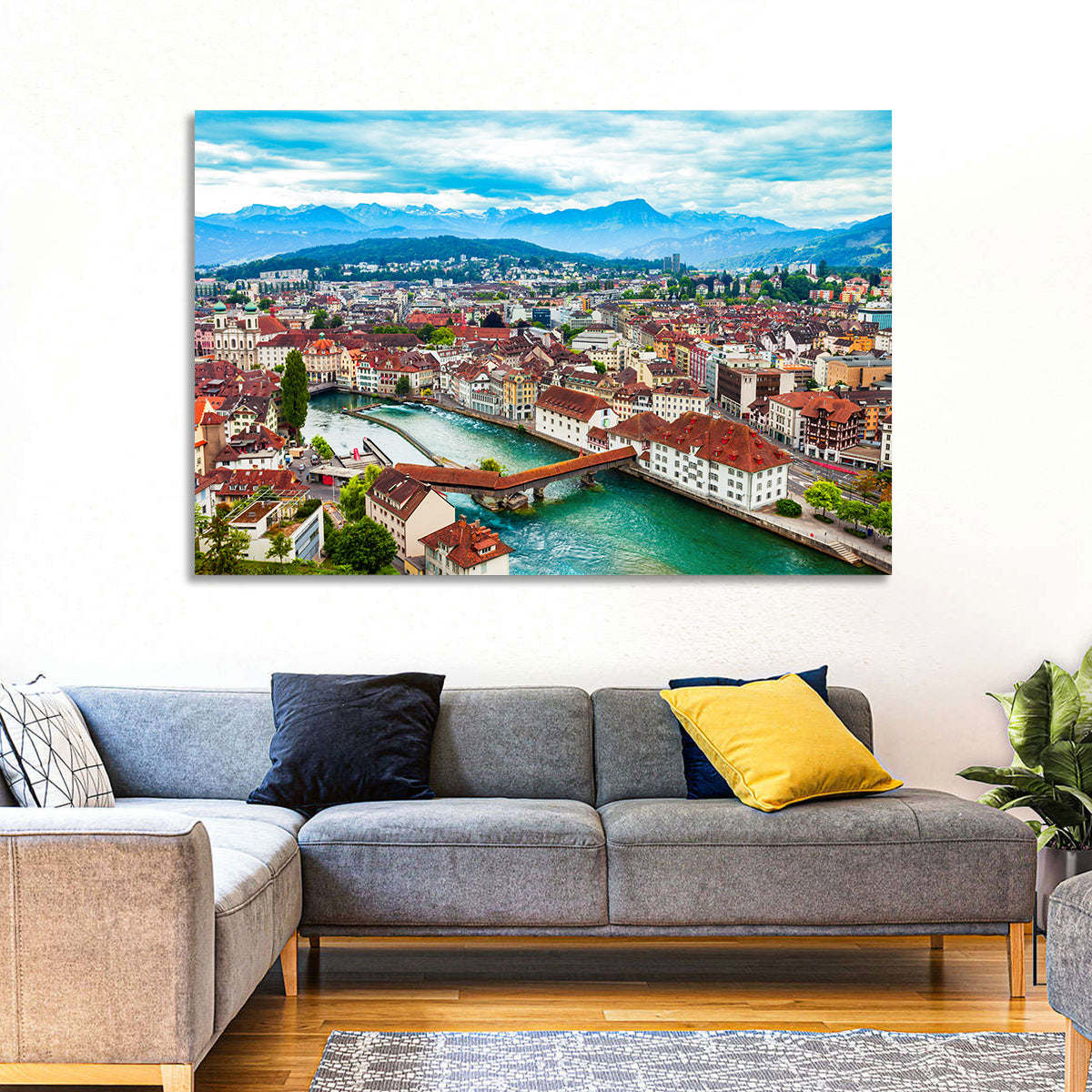 Lucerne Chapel Bridge View Wall Art in a room, landscape