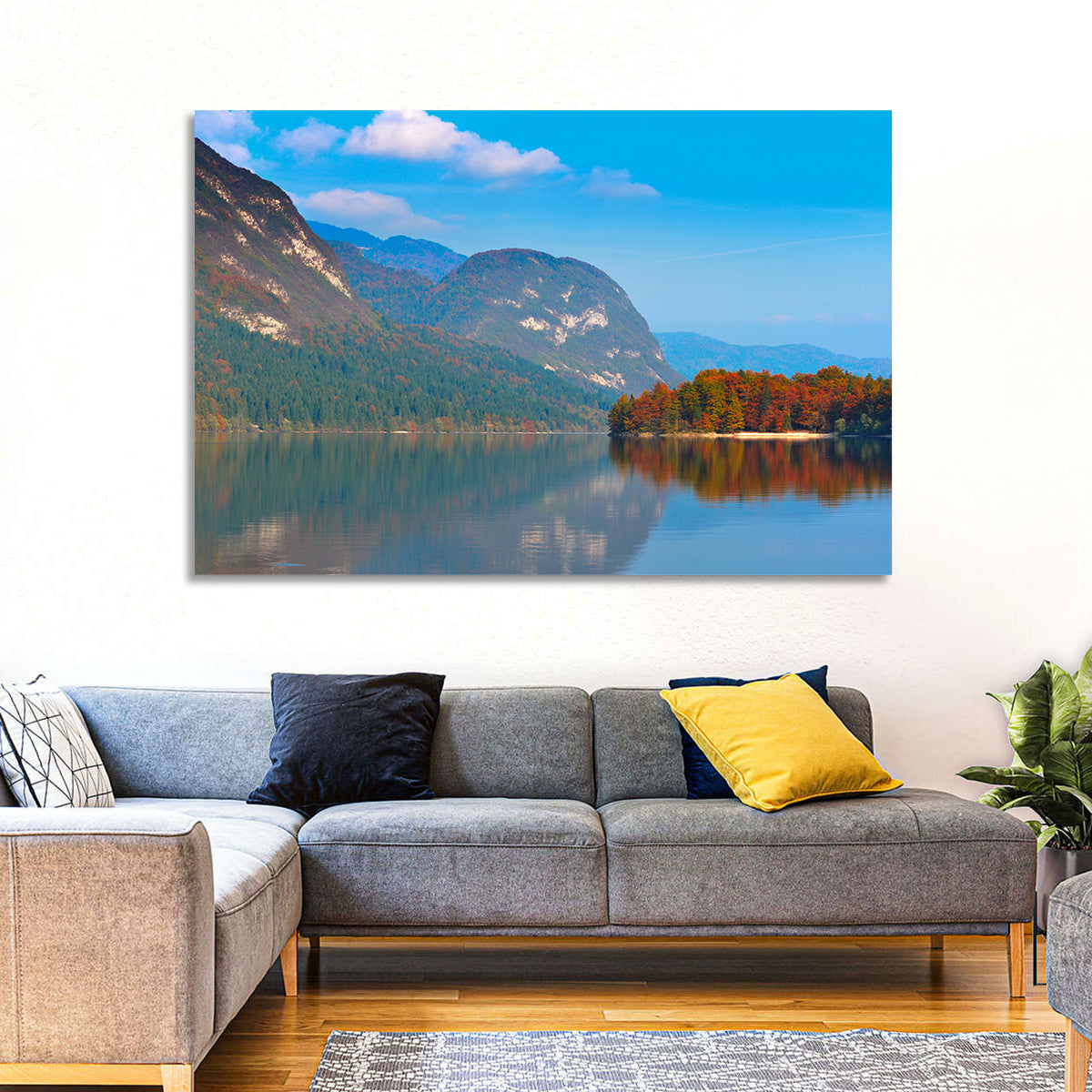 Lake Bohinj Autumn Reflection Wall Art in a room, landscape
