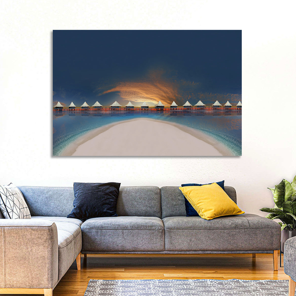 Overwater Bungalows at Golden Dusk Wall Art in a room, landscape
