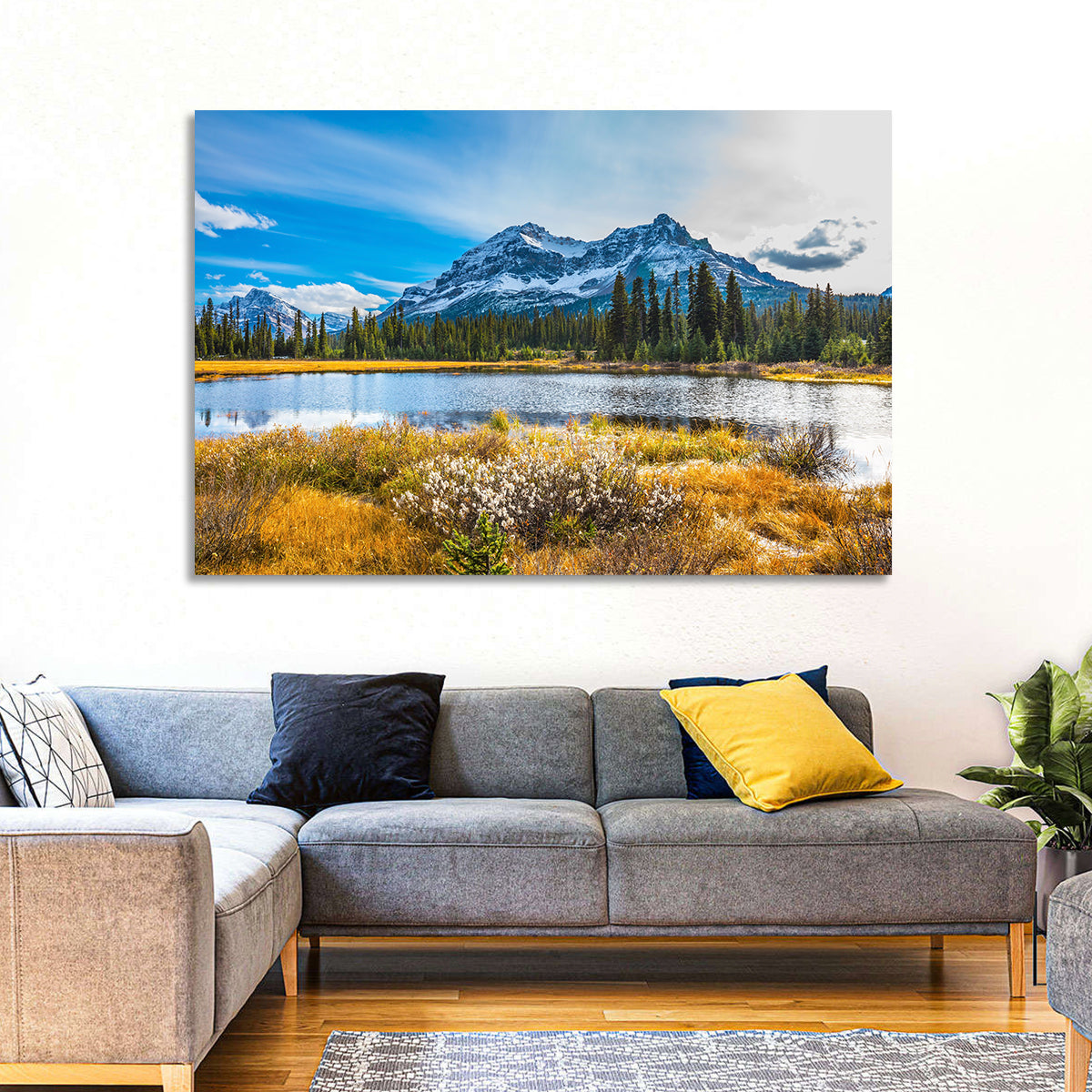 Rocky Mountain Lake Wall Art in a room, landscape