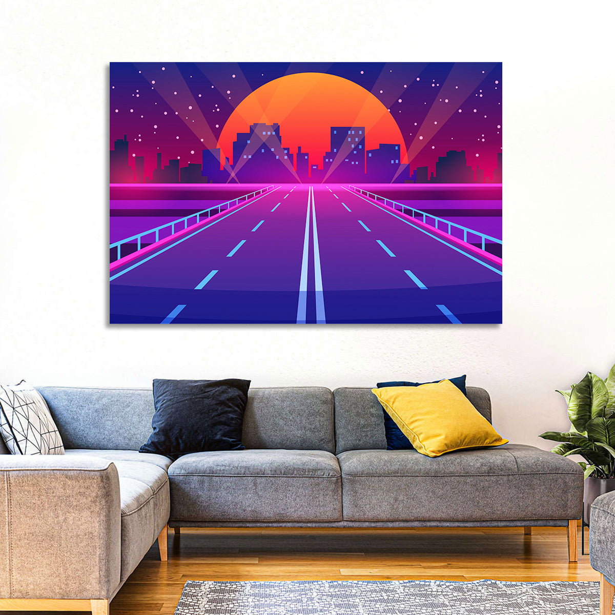 Dusk Highway Cityscape Wall Art in a room, landscape