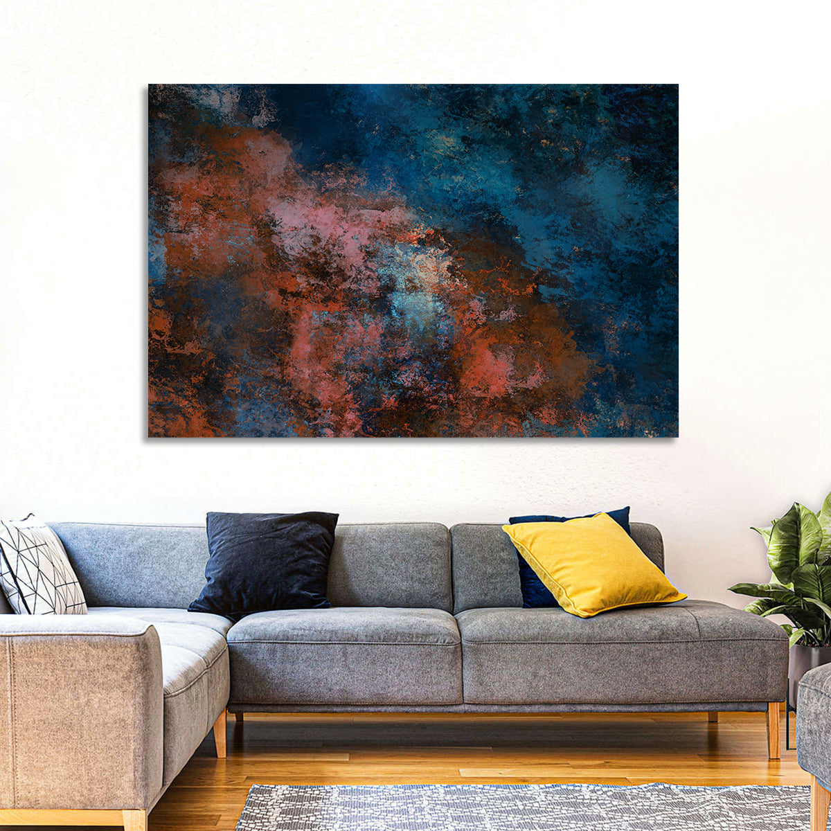 Blue to Rust Color Field Wall Art in a room, landscape