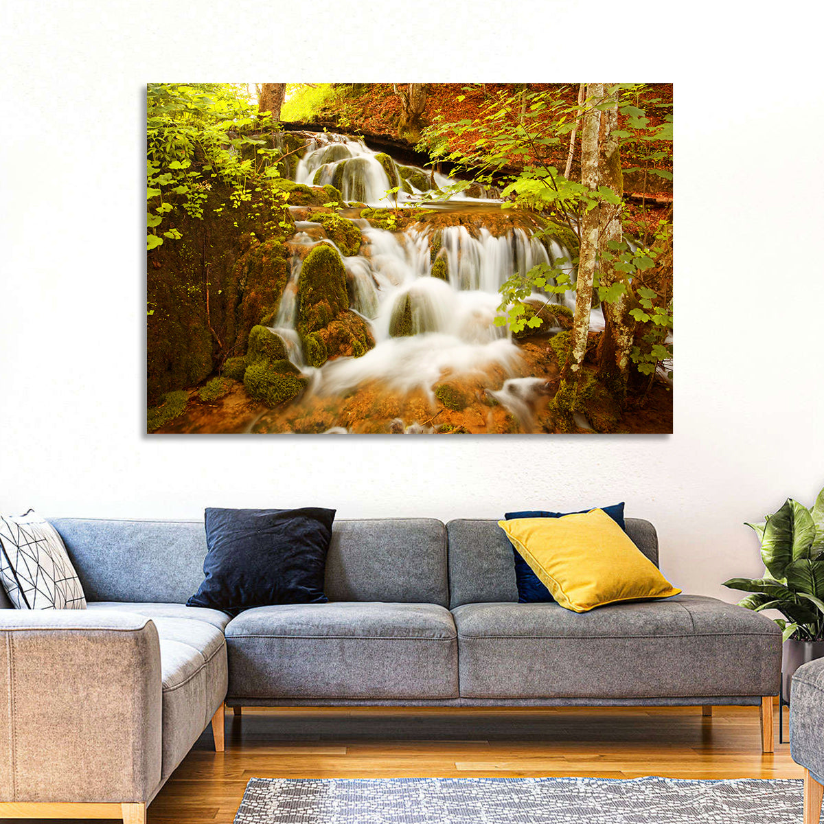 Plitvice Autumn Stream Wall Art in a room, landscape