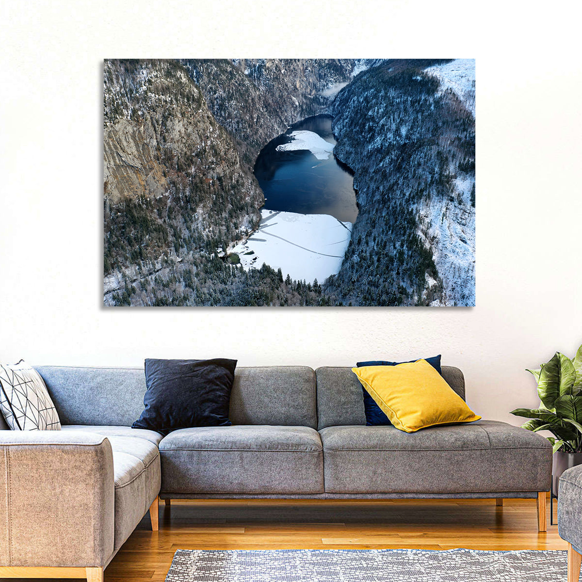 Toplitz Lake Winter Aerial Wall Art in a room, landscape