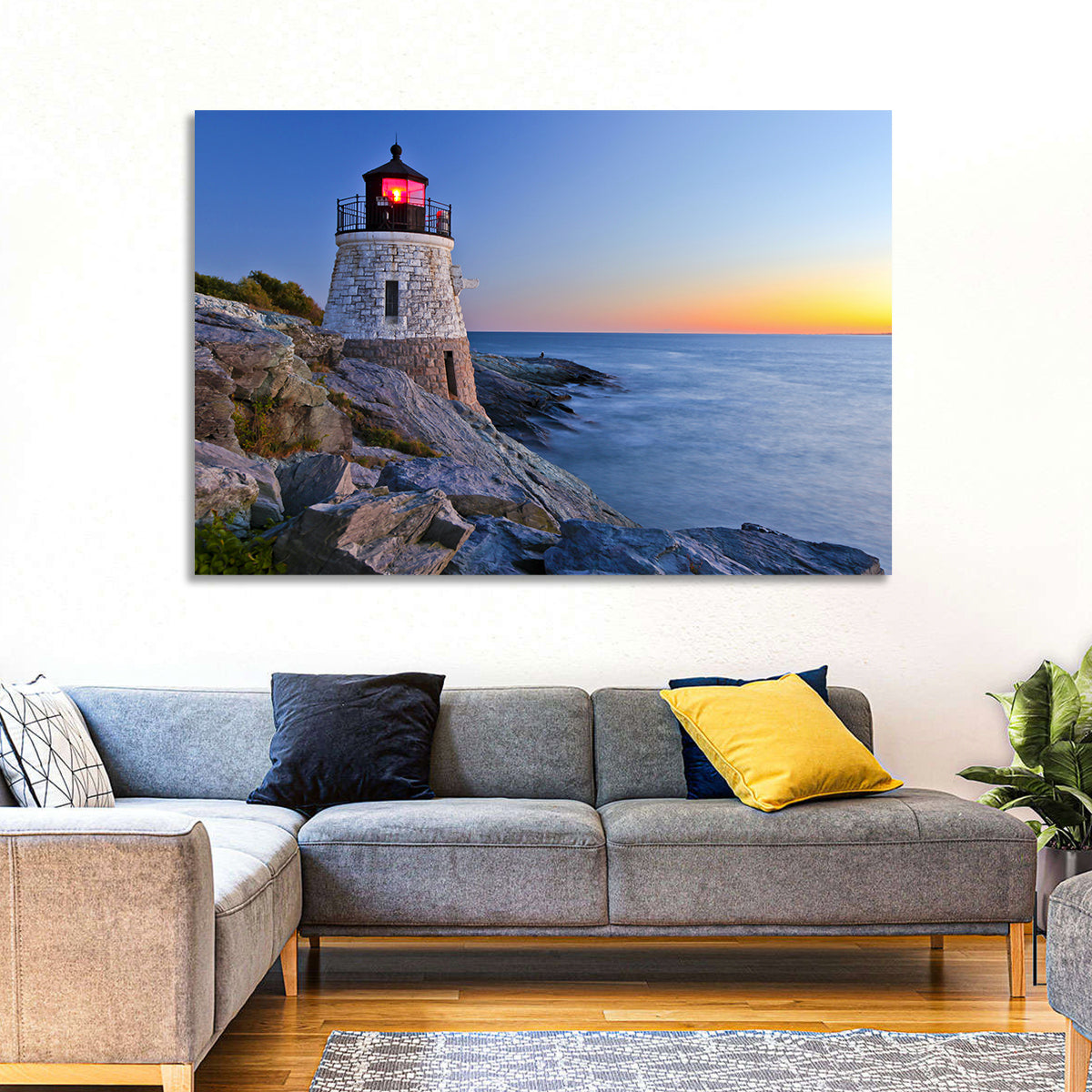 Castle Hill Lighthouse at Dusk Wall Art in a room, landscape