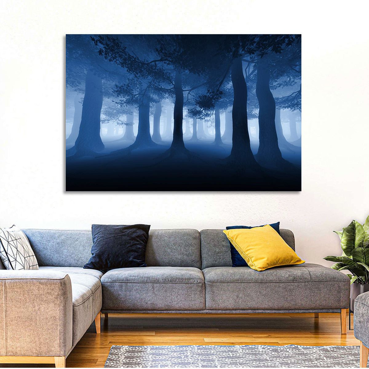 Midnight Blue Forest Wall Art in a room, landscape