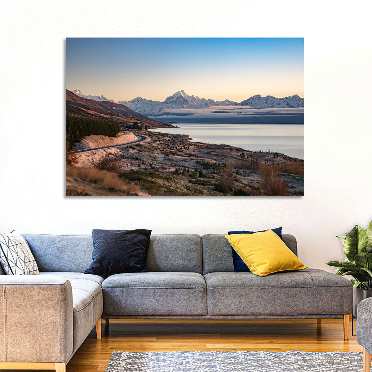 Mount Cook Over Lake Pukaki Wall Art in a room, landscape