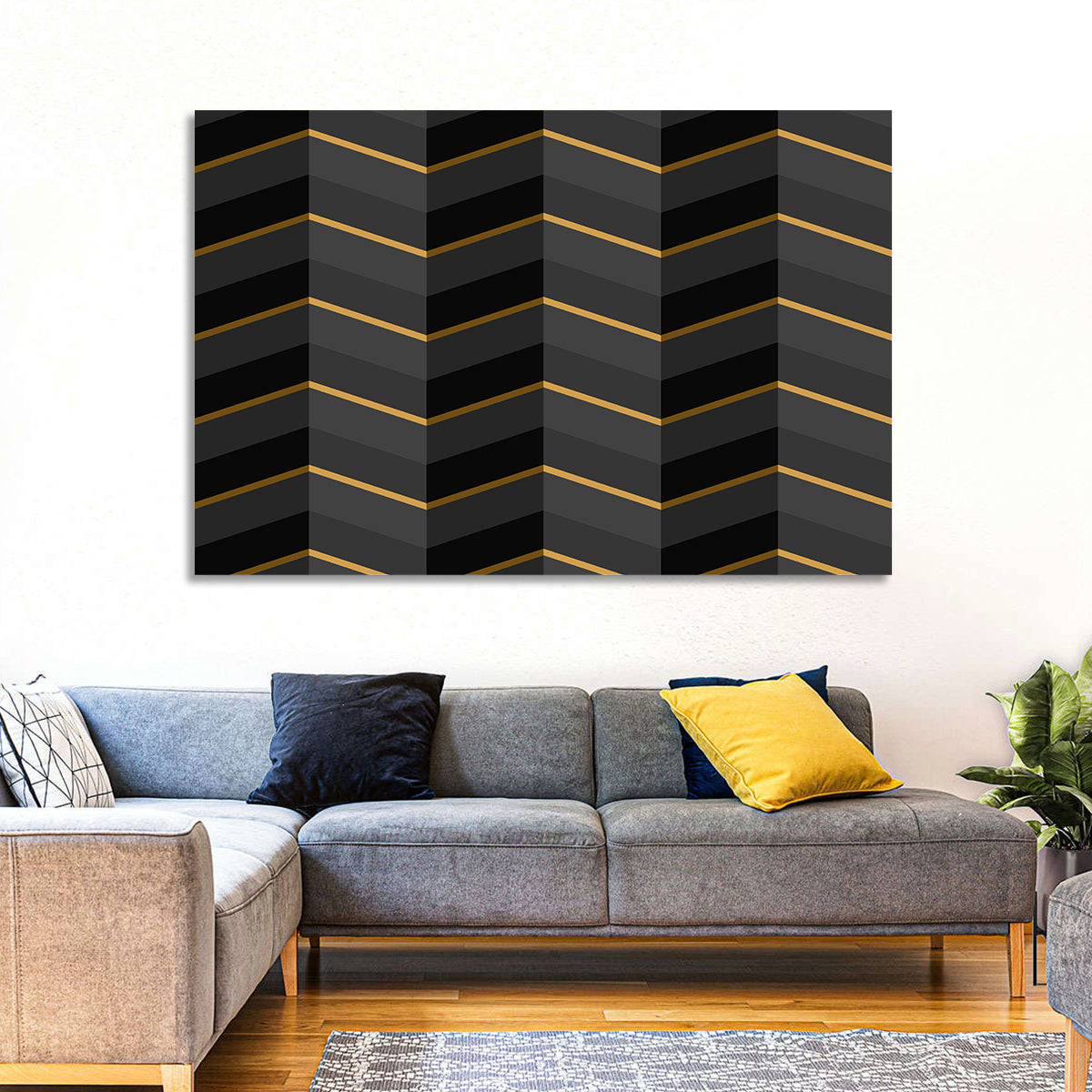 Black Stripes with Gold Accents Wall Art in a room, landscape