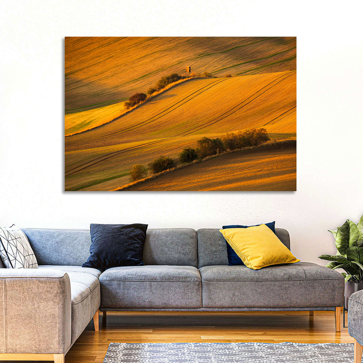 Golden Moravian Farm Tracks Wall Art in a room, landscape