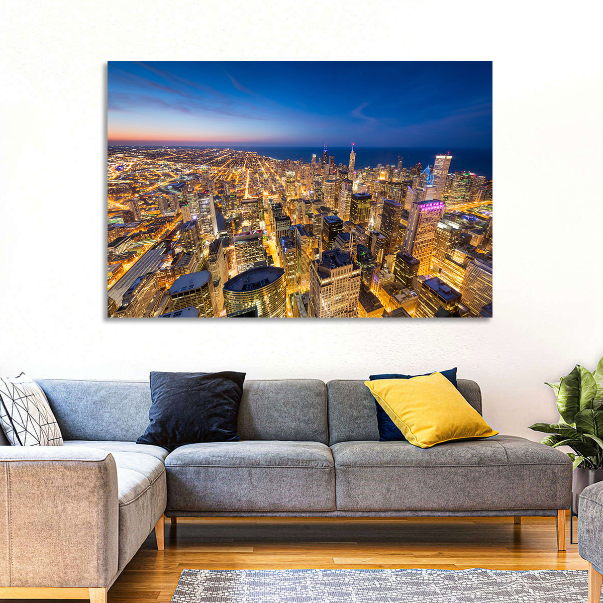 Aerial Chicago Nightscape Wall Art in a room, landscape