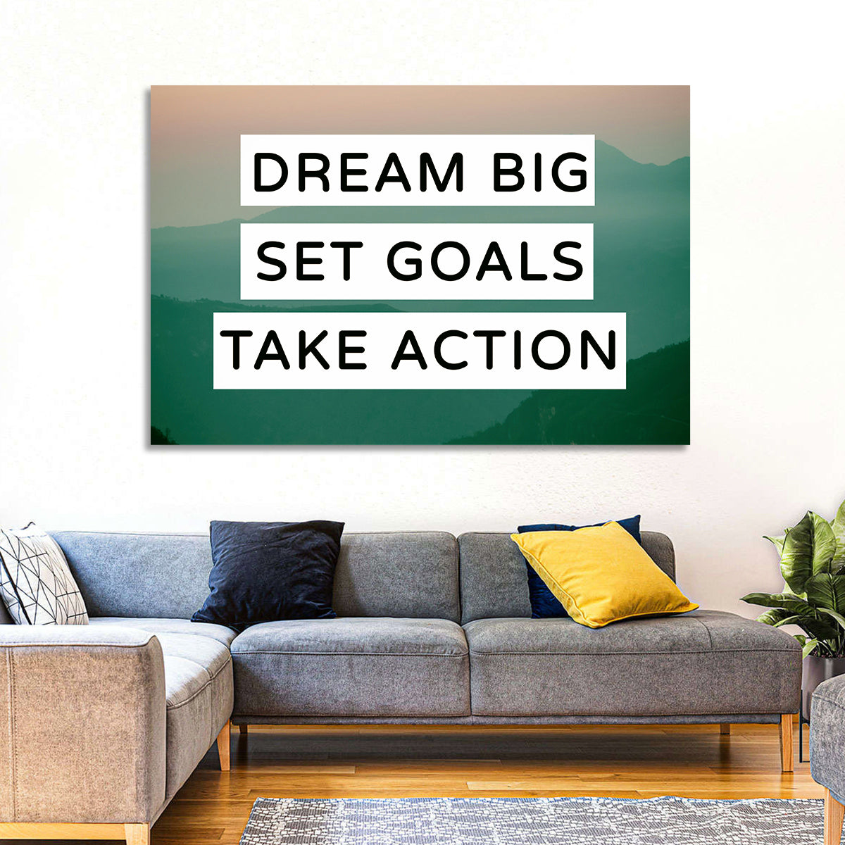 Dream Big Set Goals Wall Art in a room, landscape