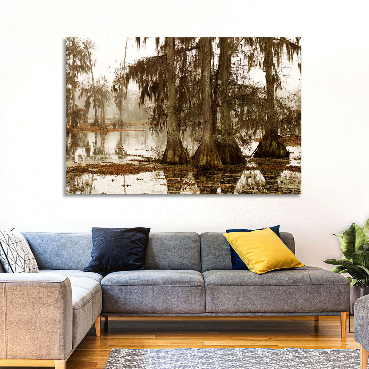 Lake Martin Cypress Morning Wall Art in a room, landscape