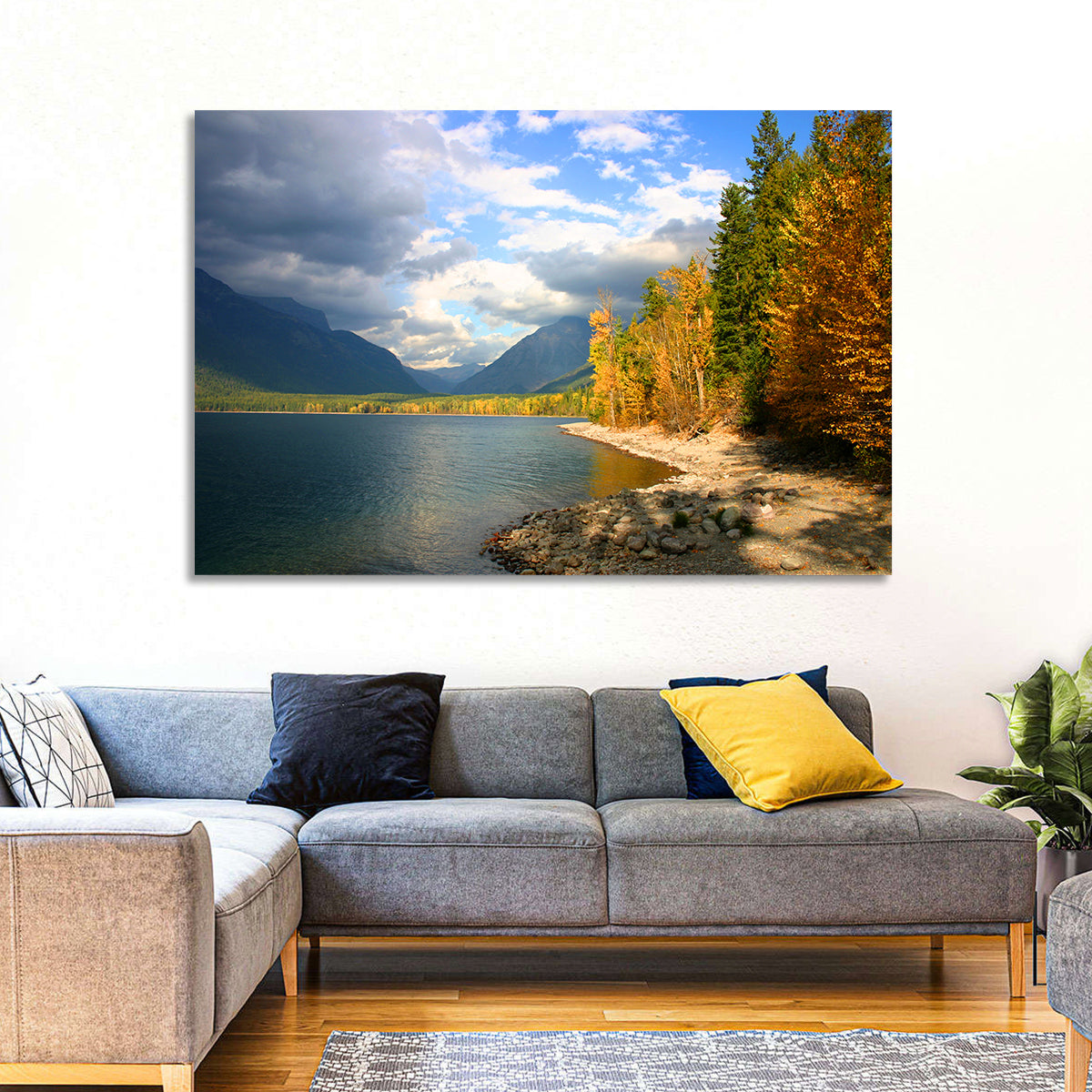 Lake Mcdonald Autumn Shoreline Wall Art in a room, landscape
