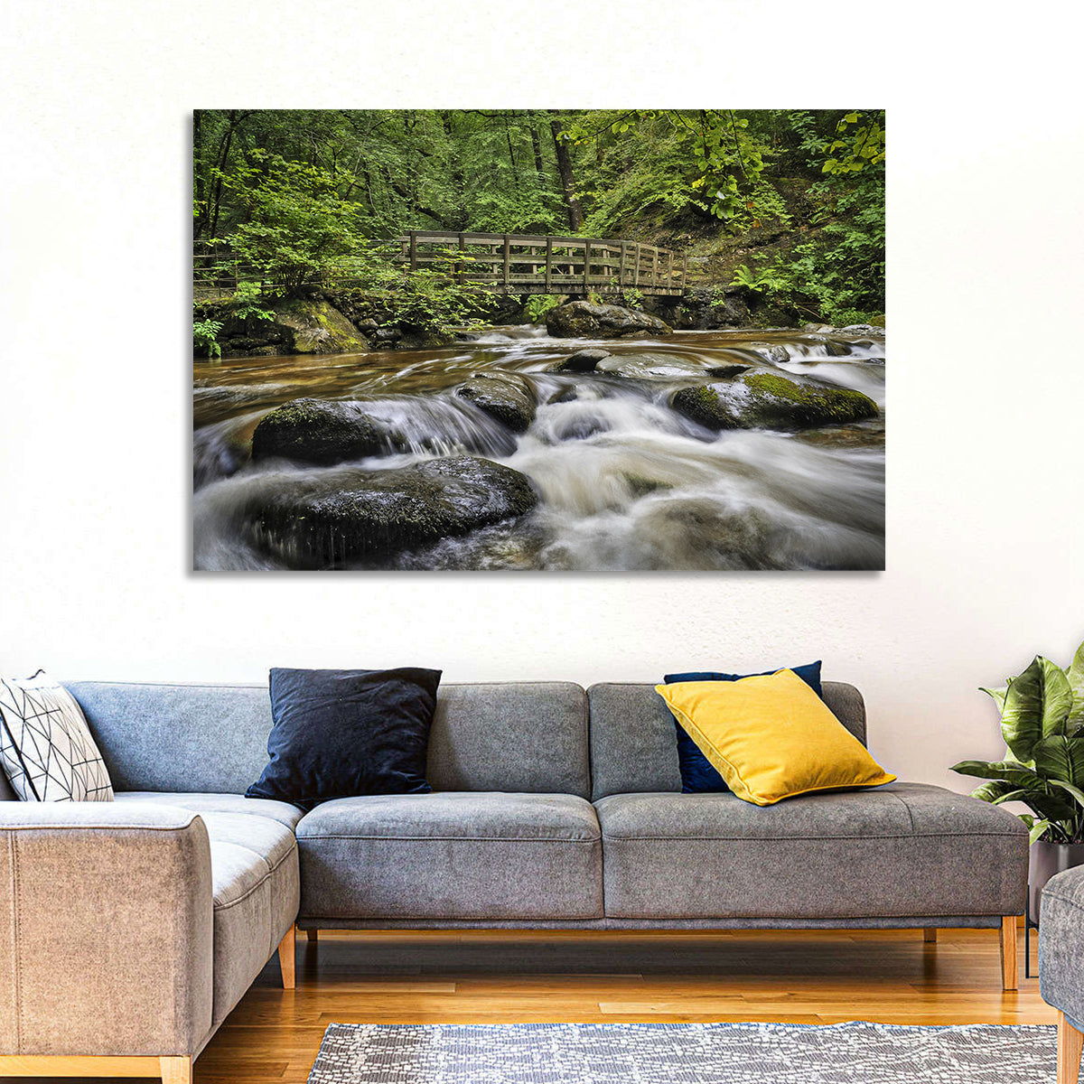 Stock Ghyll Footbridge Forest Stream Wall Art in a room, landscape
