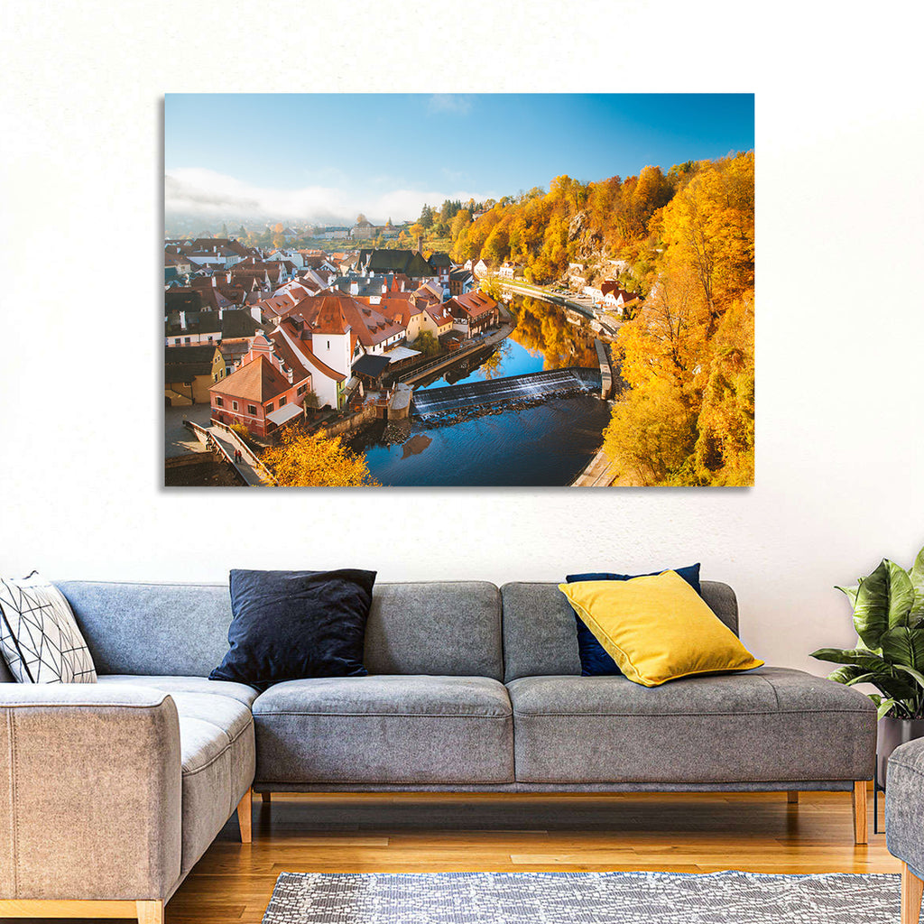 Český Krumlov River Weir in Autumn Wall Art
