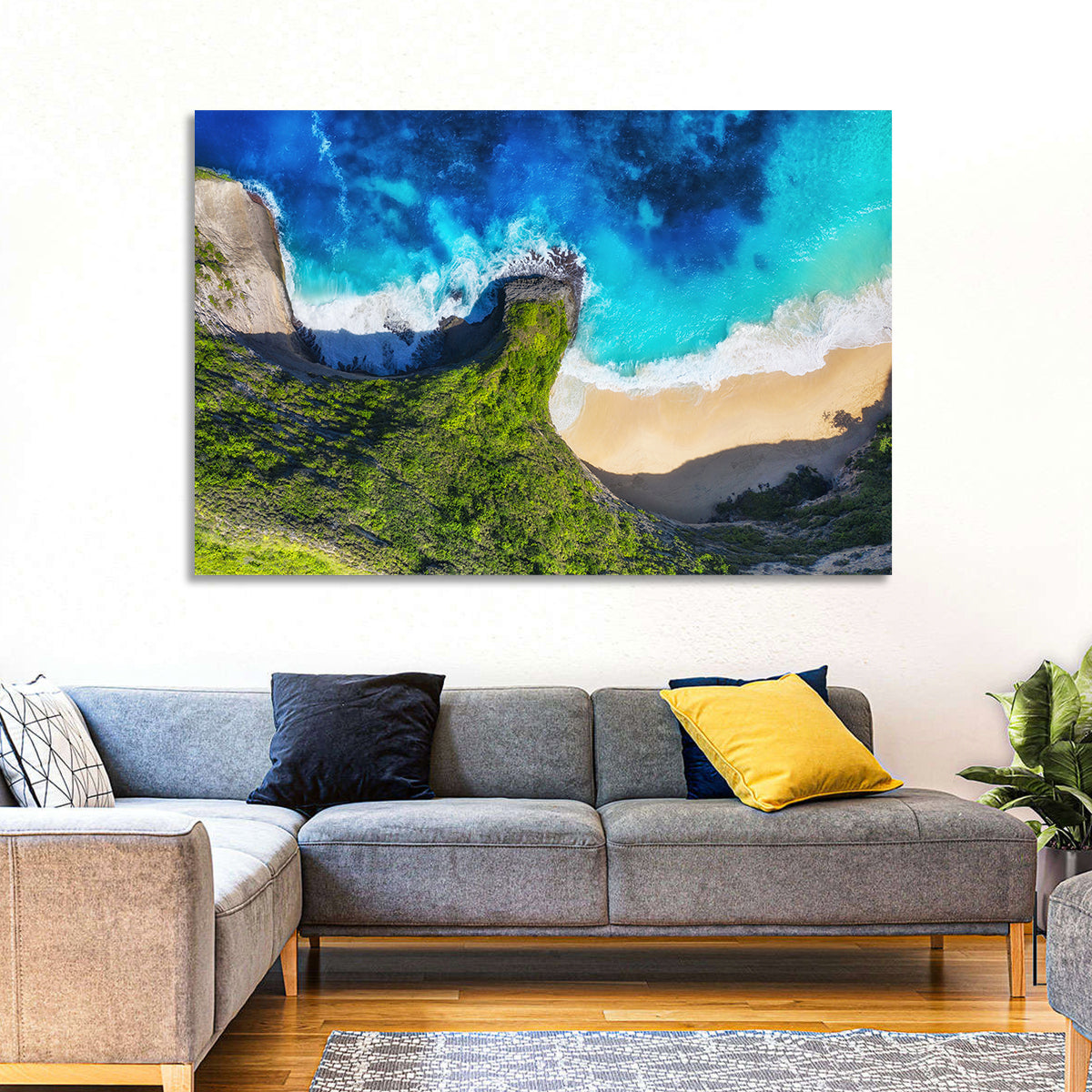 Kelingking Beach Cliffs Wall Art in a room, landscape