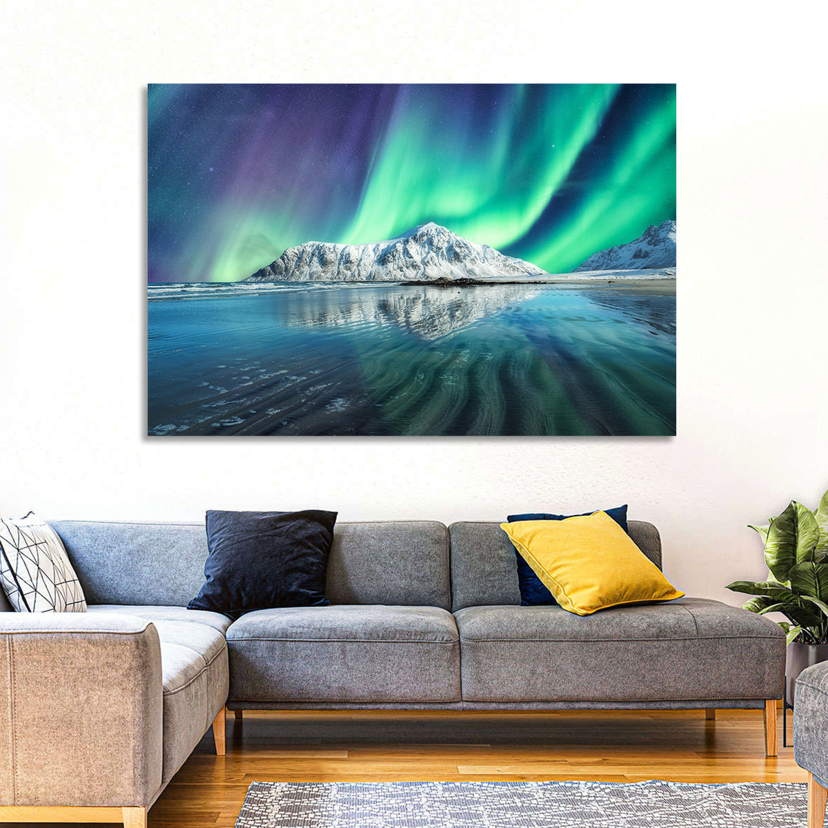 Aurora Over Skagsanden Beach Wall Art in a room, landscape
