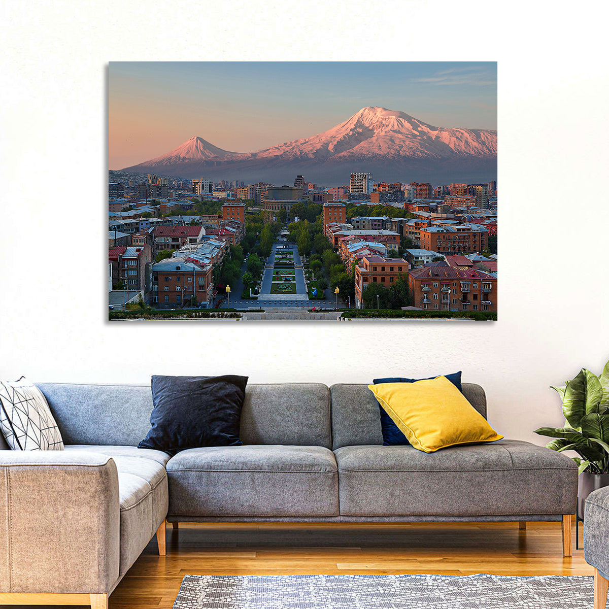 Sunset Over Mount Ararat from Yerevan Wall Art in a room, landscape
