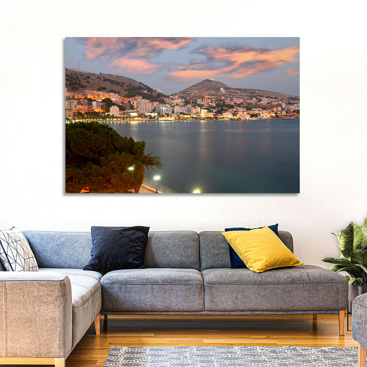 Sarandë Bay at Dusk Wall Art in a room, landscape