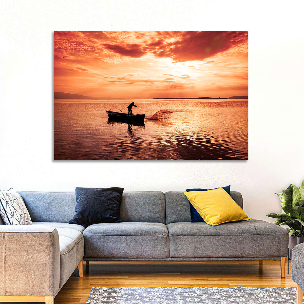 Uluabat Lake Fisherman at Dusk Wall Art in a room, landscape