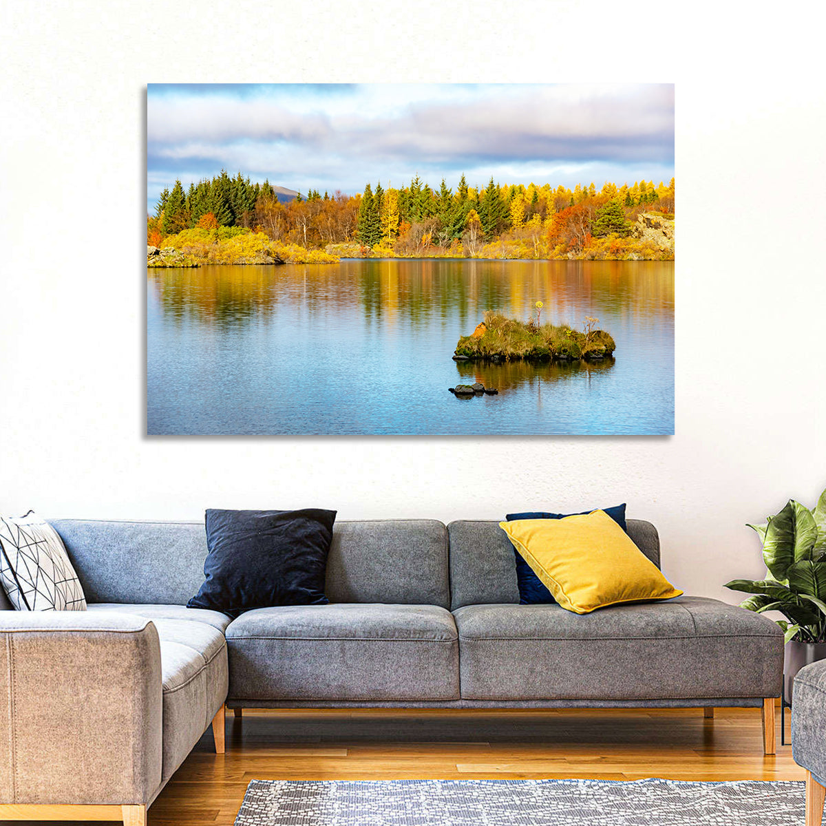 Autumn at Lake Myvatn Wall Art in a room, landscape