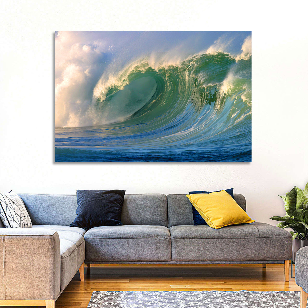 Golden Hour Barrel Wave Wall Art in a room, landscape