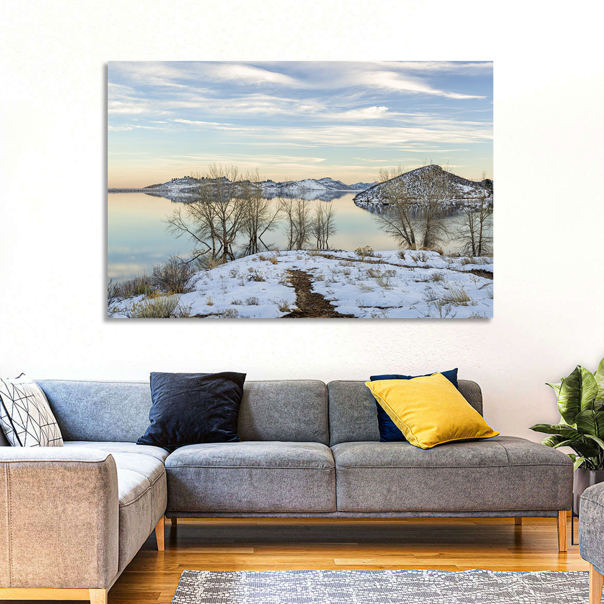 Horsetooth Reservoir Frozen Reflection Wall Art in a room, landscape