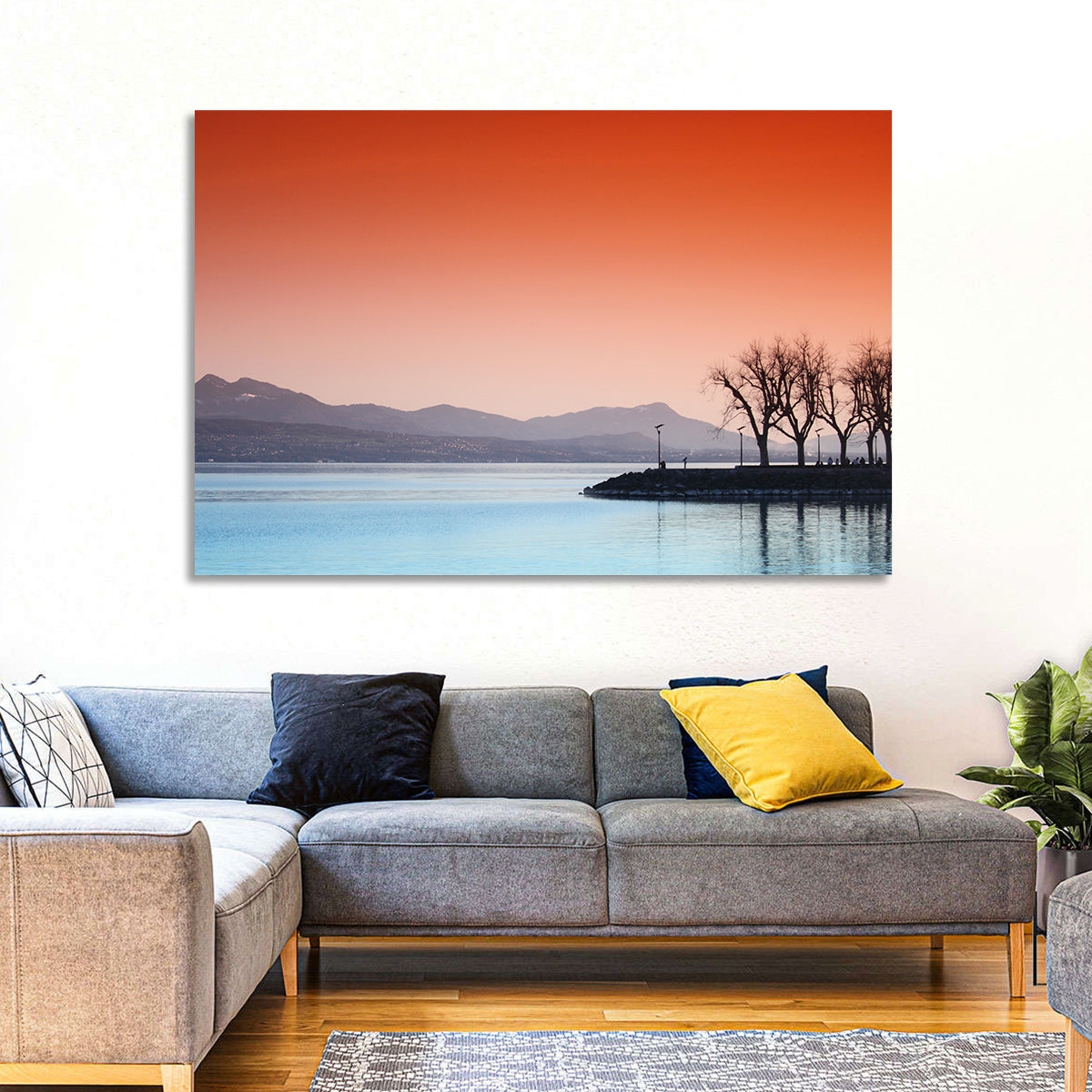Lake Geneva Sunset Reflection Wall Art in a room, landscape