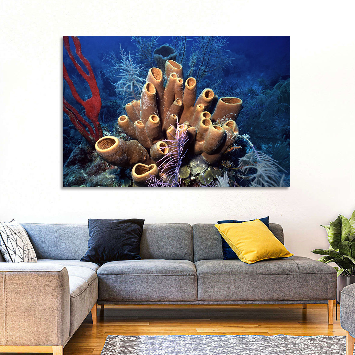 Belize Reef Sponge Scene Wall Art in a room, landscape