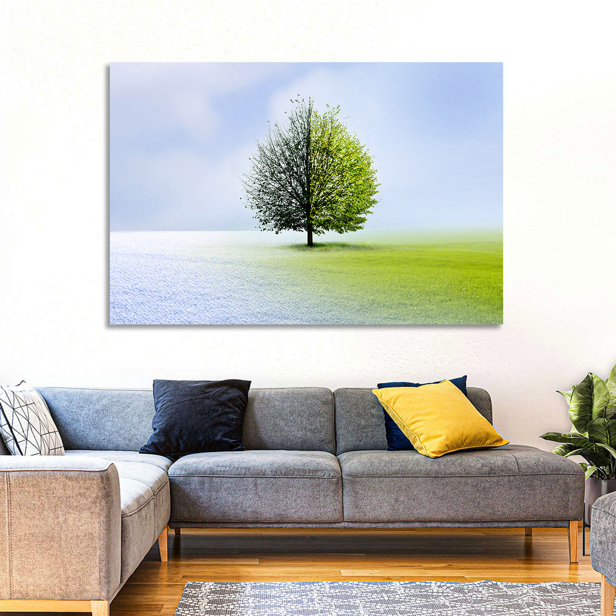 Winter to Spring Tree Wall Art in a room, landscape